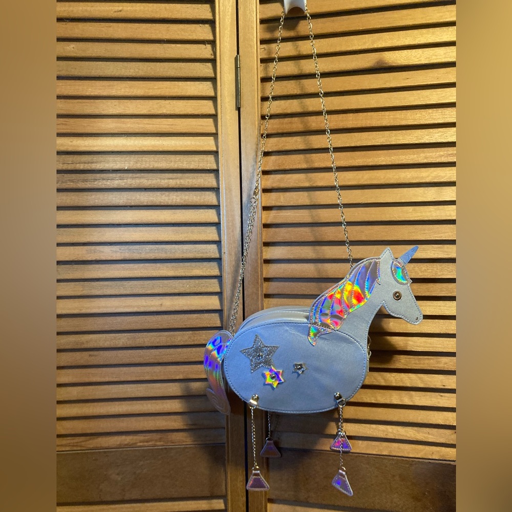 Grey Unicorn Crossbody Bag with Iridescent & Sparkly Decorative Appliqués